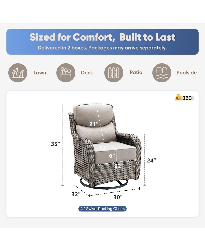 Pocassy Outdoor Swivel Rocker Patio Chairs Set of 4-6" Thick Cushion 4 Piece Furniture All Weather Comfortable Wicker Conversation