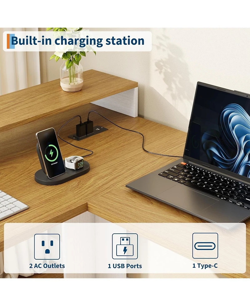 gaomon 63" L-Shaped Executive Desk with 4 File Drawers and Power Outlet – Corner Computer Desk with Monitor Stand, Home Office Desk