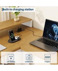 gaomon 63" L-Shaped Executive Desk with 4 File Drawers and Power Outlet – Corner Computer Desk with Monitor Stand, Home Office Desk