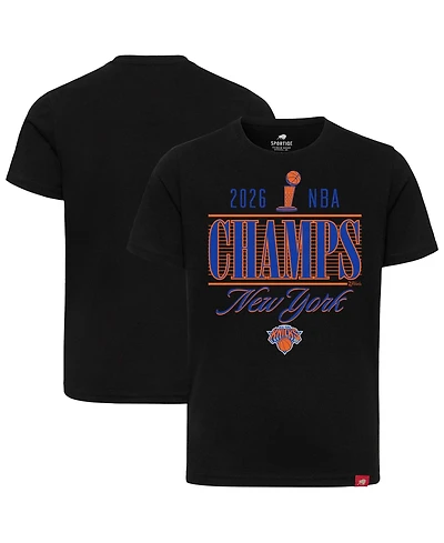 Sportiqe Men's and Women's Black New York Knicks 2026 Nba Finals Champions Trophy Skyline T-Shirt