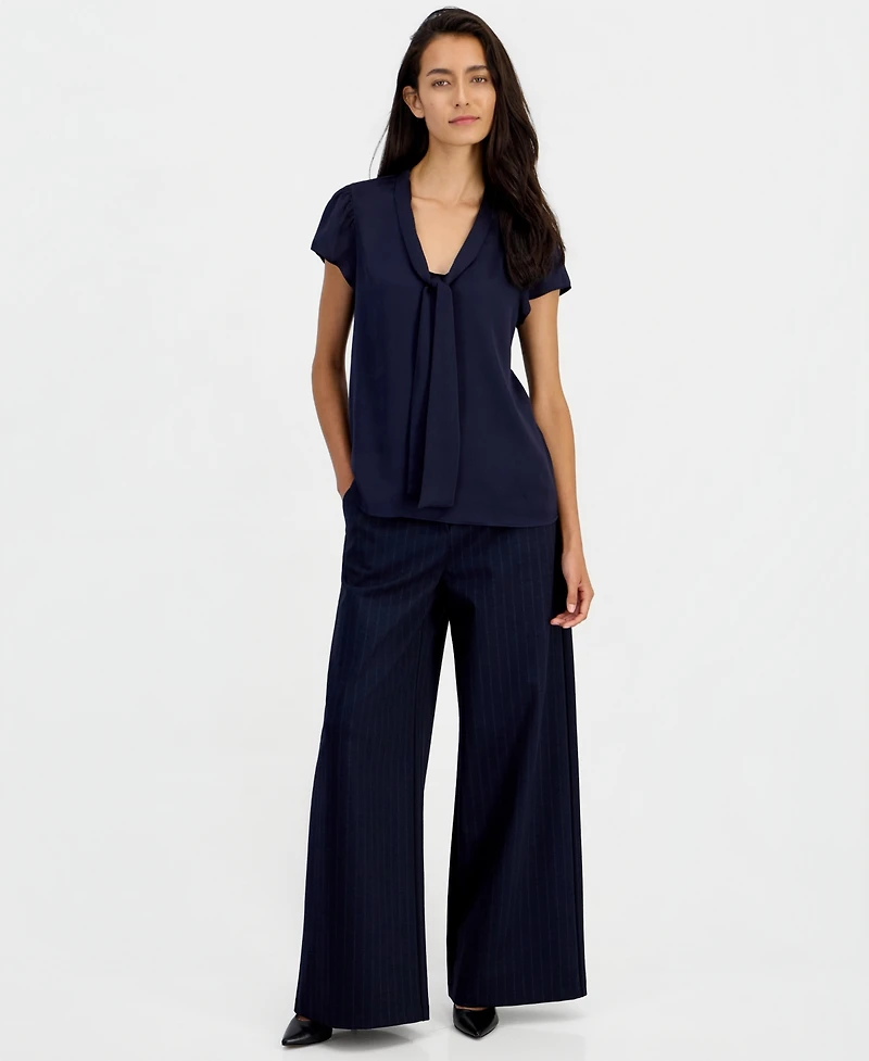 Bar Iii Women's Satin Tie-Neck Flutter-Sleeve Short-Sleeve Blouse, Macy's Exclusive