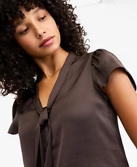 Bar Iii Women's Satin Tie-Neck Flutter-Sleeve Short-Sleeve Blouse, Macy's Exclusive