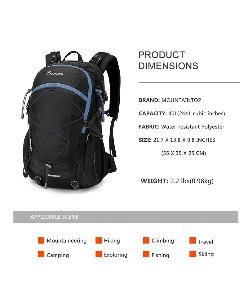 Mountaintop 40 Liter Hiking Backpack with 3 Hydration Bladder for Men Women Camping Climbing