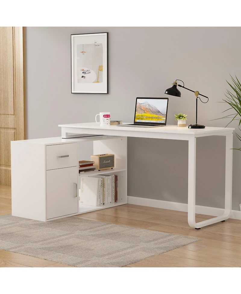 Homsee Corner Desk with Storage - L-Shaped Computer Table and Cabinet Combo Writing Desk with Drawer and Shelves