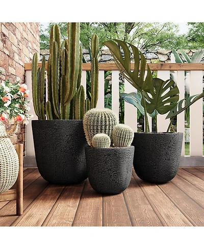 Streamdale Furniture 3-Piece Lightweight Mgo Round Crackle Stone Planter Set with Drainage
