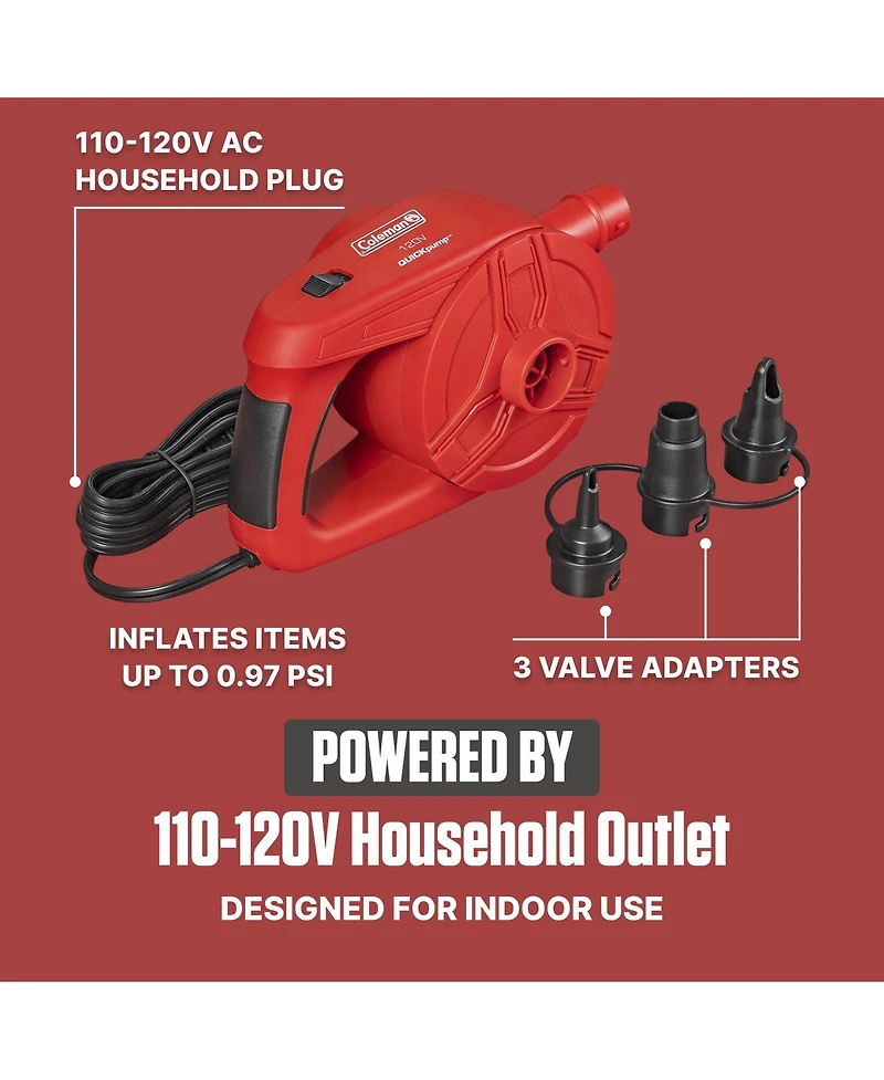 Coleman EasyFlate 120V Ac Electric Air Pump, Plug-In Inflator with 3 Adapters