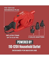 Coleman EasyFlate 120V Ac Electric Air Pump, Plug-In Inflator with 3 Adapters
