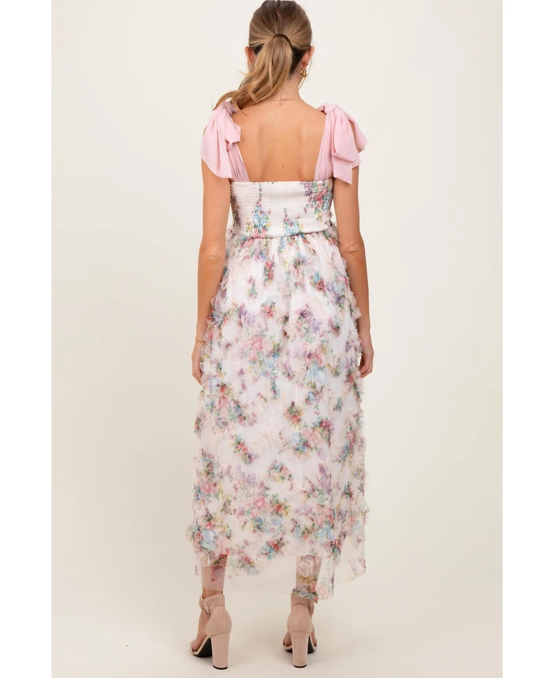 Pinkblush Maternity Cream Floral Smocked Shoulder Tie Ruffled Midi Dress