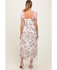 Pinkblush Maternity Cream Floral Smocked Shoulder Tie Ruffled Midi Dress
