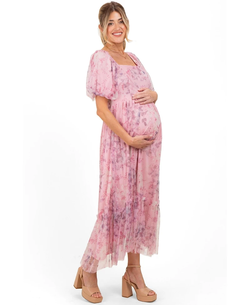 Pinkblush Maternity Pink Floral Printed Tulle Puff Sleeve Midi Dress
