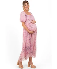 Pinkblush Maternity Pink Floral Printed Tulle Puff Sleeve Midi Dress