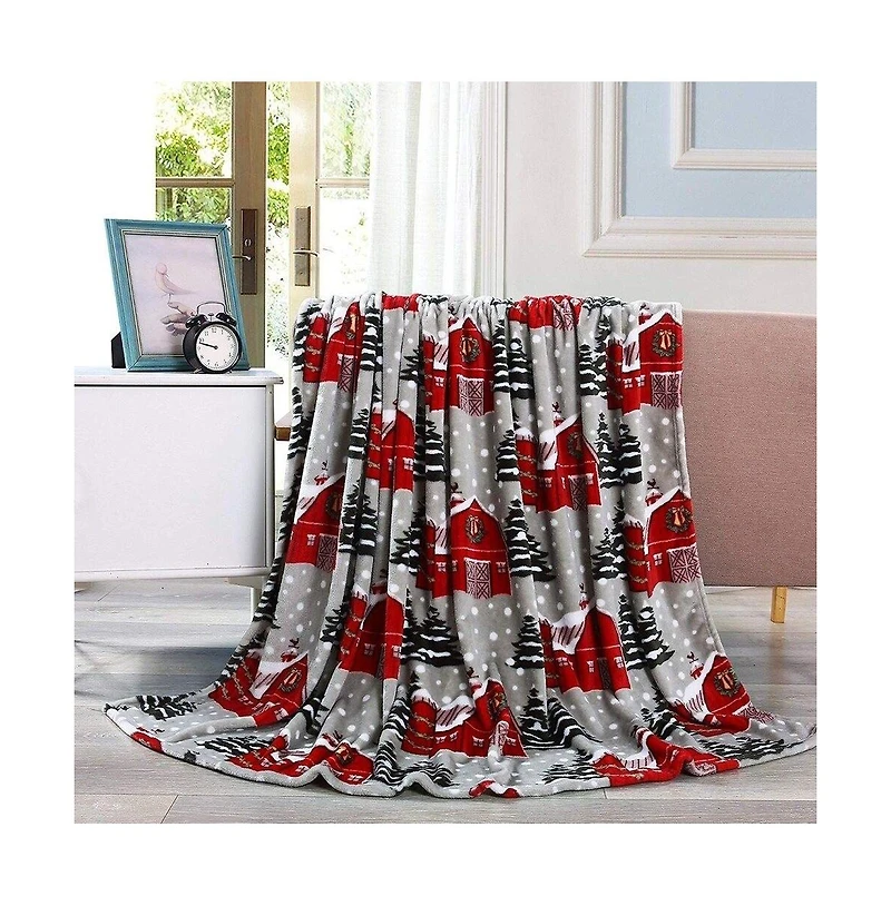 Kate Aurora Ultra Soft & Cozy Christmas Gray Snowy Barn Plush Accent Throw Blanket Cover