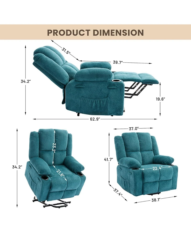 homfan Power Lift Recliner for Elderly, Modern Terry Cloth, Heat and Massage, Electric Stand Assist, Cup Holders, Side Pocket, Living Room Seating