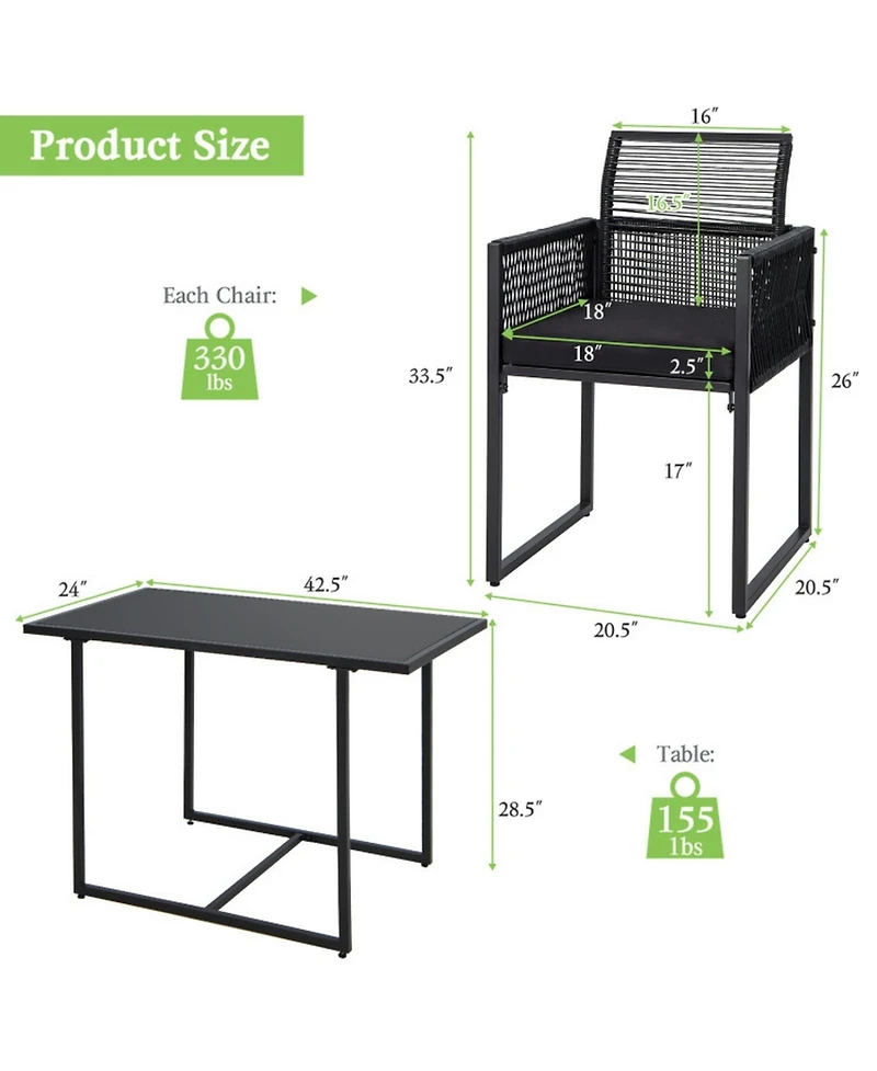 Sugift 3-Piece Outdoor Dining Set with Folding Backrest and Seat Cushions