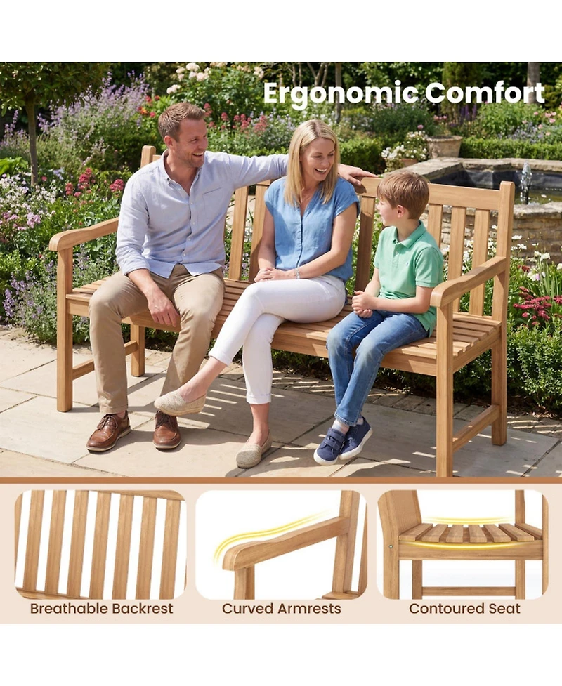 Sugift 62in Teak Outdoor Porch Bench 3-Seat Solid Wood Patio Bench with Armrests