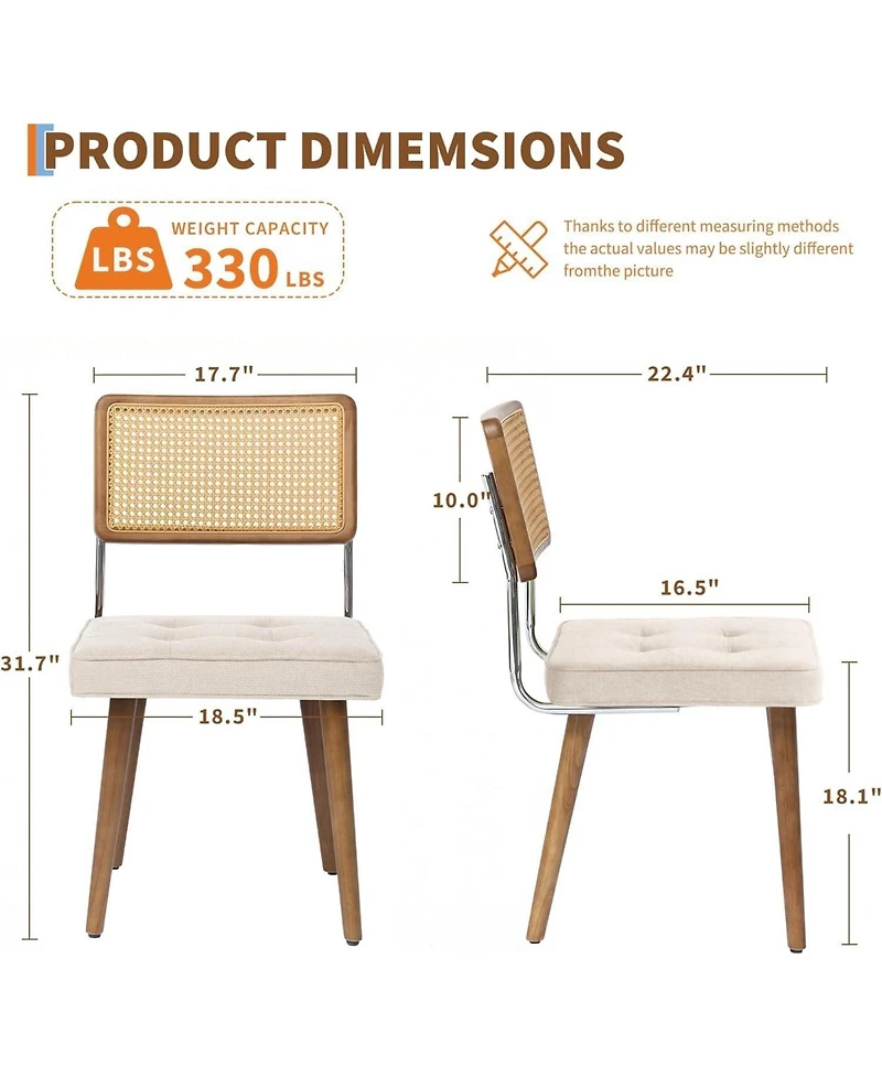 gaomon Rattan Dining Chairs Set of 2, - Linen Upholstered with Woven Cane Back and Wooden Legs, Farmhouse Armless Seat for Kitchen and Restaurant