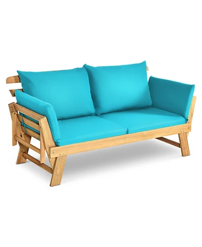 Gouun Adjustable Acacia Wood Patio Convertible Sofa Daybed with Thick Cushion