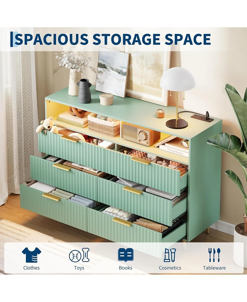 gaomon 6 Drawers Dresser for Bedroom, 53.9" Wide Dressers with Led Lights and Charging Station, Curved Profile Design