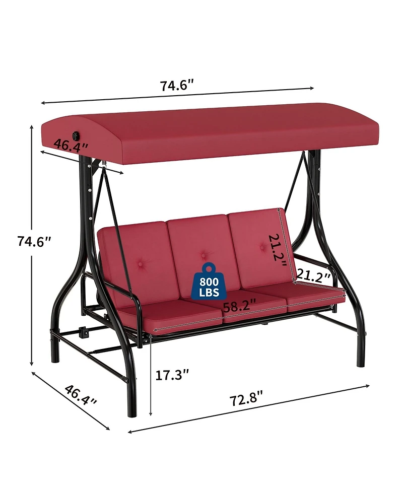 homfan 3-Seater Outdoor Porch Swing with Stand, 2-in-1 Convertible Swing Bed, Thick Cushion, Adjustable Canopy and 800-Lb. Capacity