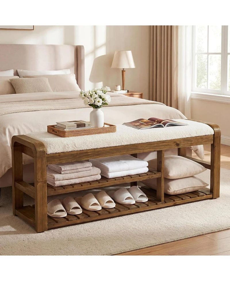 Tribesigns 55" Shoe Storage Bench with Removable Cushion, 2-Tier Farmhouse Solid Wood Entryway Shoe Rack, End of Bed Storage Upholstered Bench