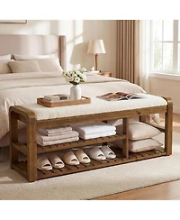Tribesigns 55" Shoe Storage Bench with Removable Cushion, 2-Tier Farmhouse Solid Wood Entryway Shoe Rack, End of Bed Storage Upholstered Bench