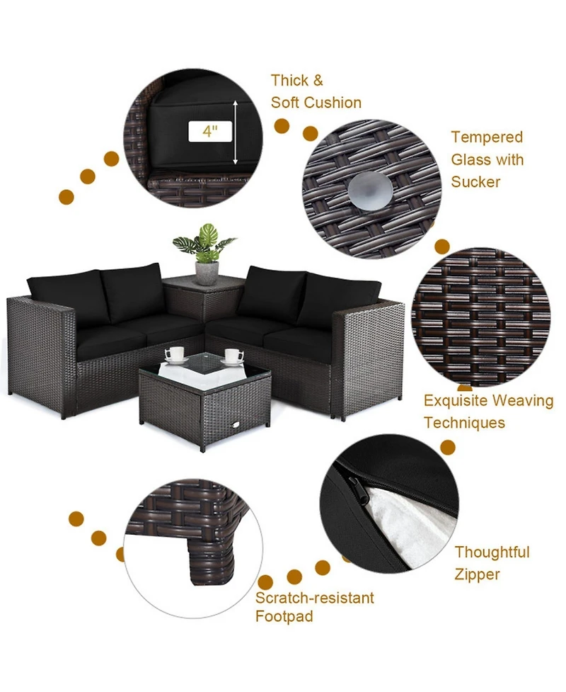 Gouun 4-Piece Outdoor Rattan Sectional Set with Loveseat, Storage End Table and Glass Top