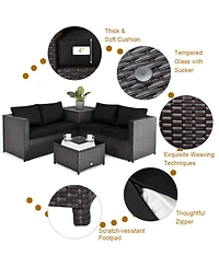Gouun 4-Piece Outdoor Rattan Sectional Set with Loveseat, Storage End Table and Glass Top
