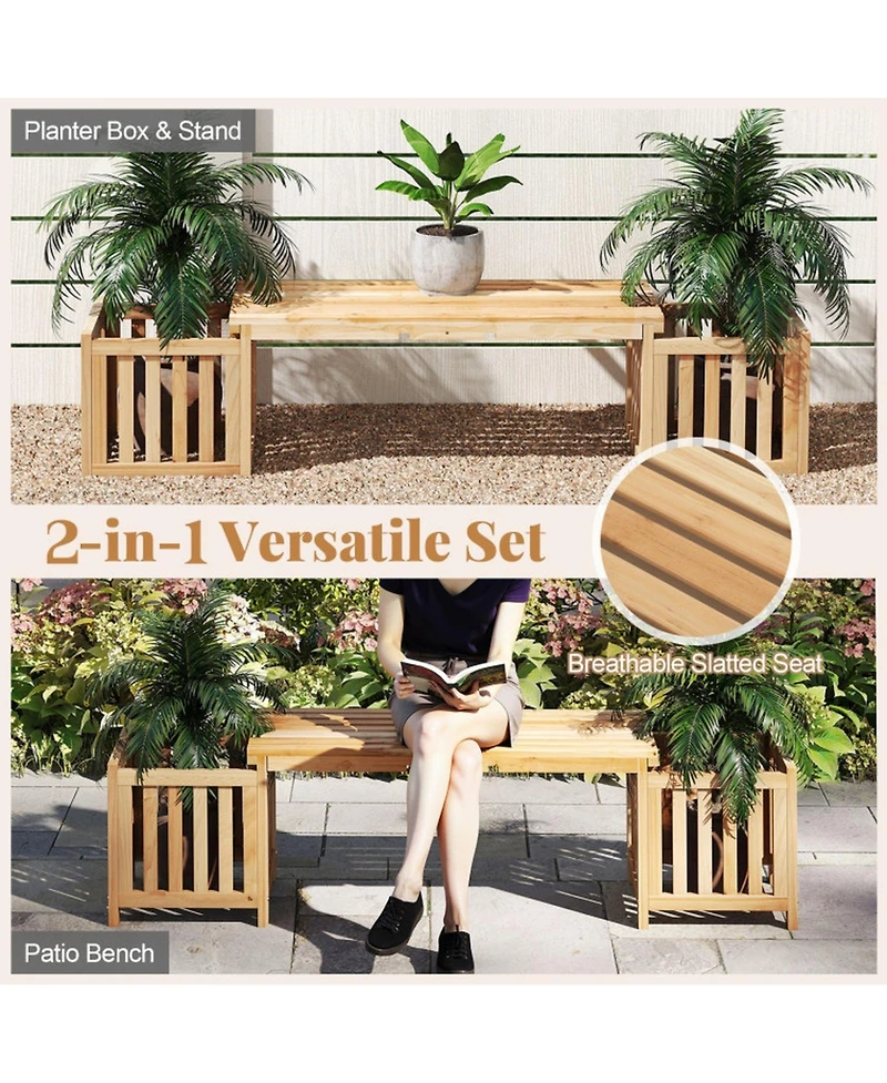 Sugift 68 in Two-Person Fir Wood Patio Bench with Dual Planters