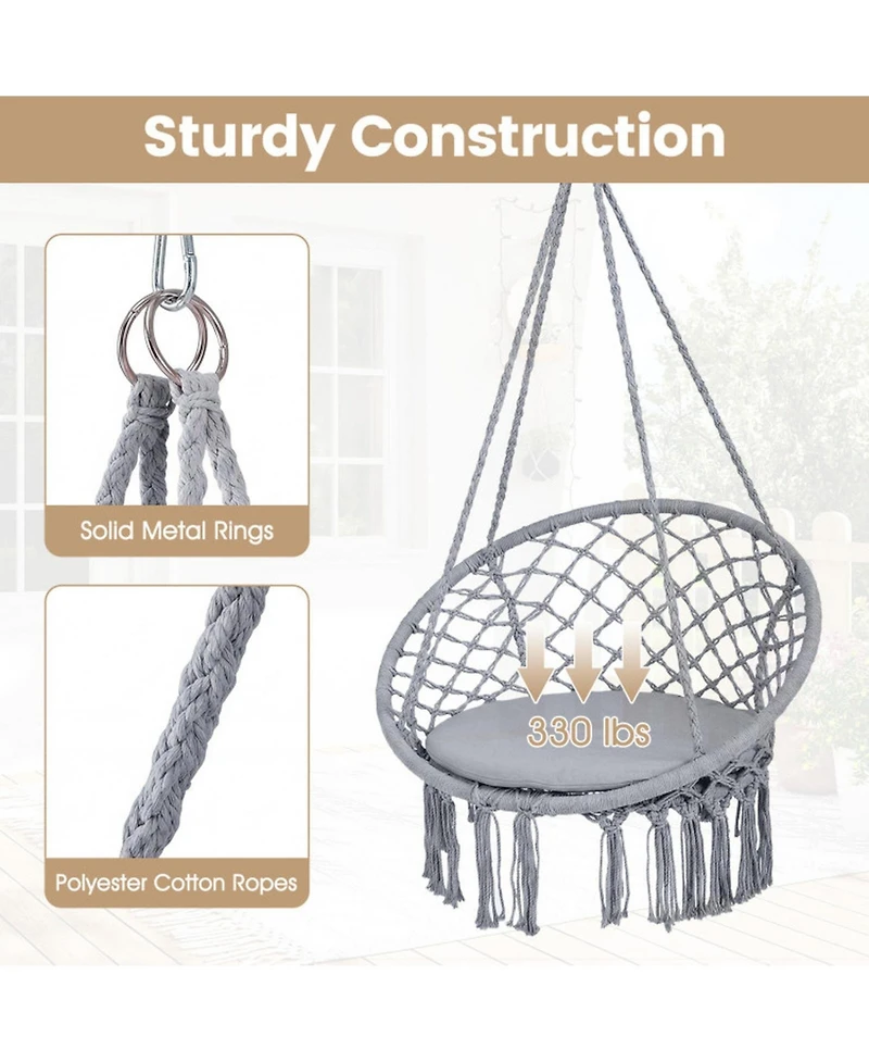 Sugift Macrame Hammock Swing Chair with Round Seat Cushion 2 Hanging Methods