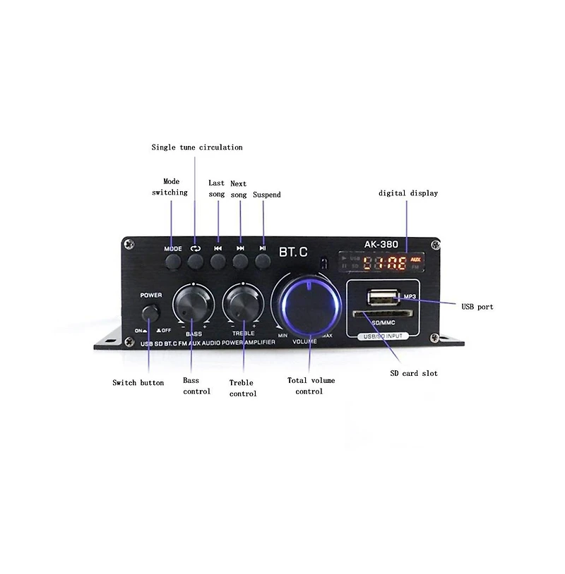 Artudatech 2 Channel 400W Bluetooth HiFi Amplifier with Usb/Sd/Fm & Remote Control