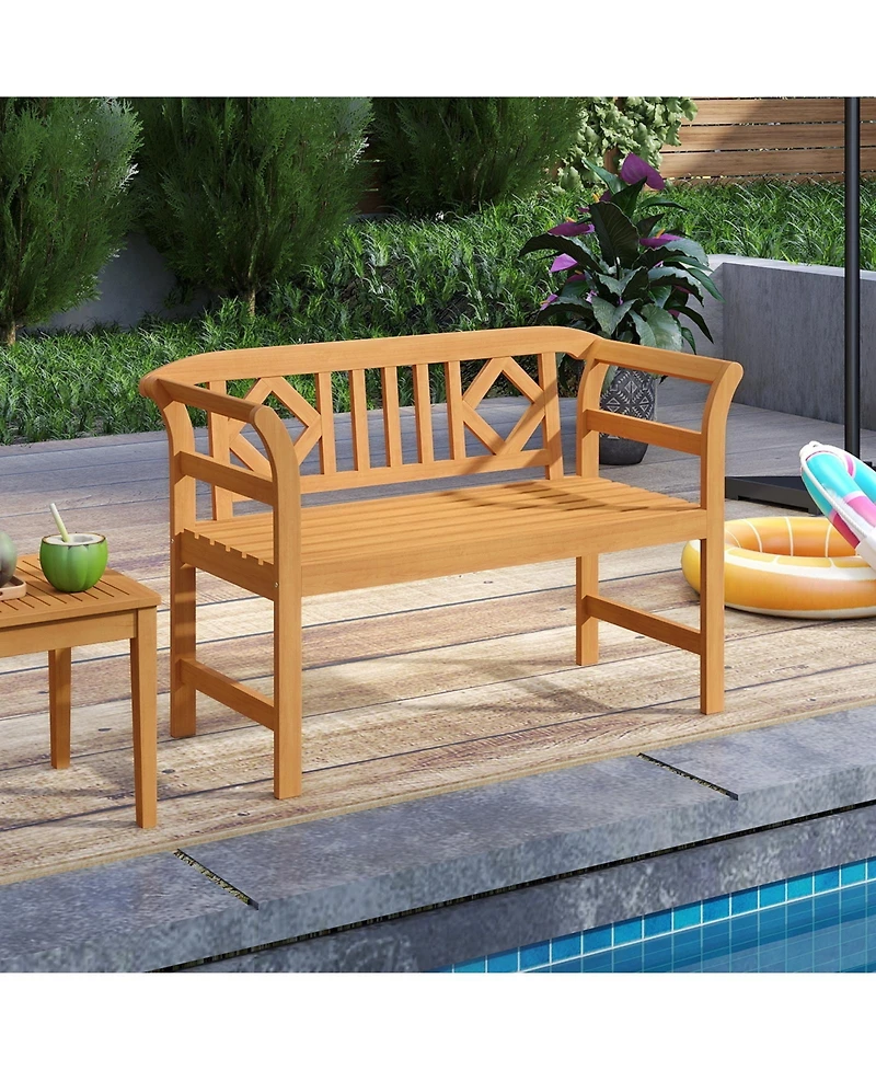 Sugift 47 in Acacia Wood Patio Loveseat with Geometric Backrest