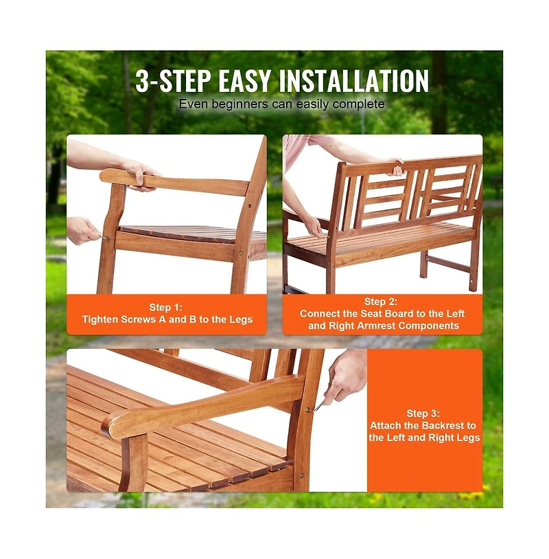 Sugift 48 in Outdoor Wood Garden Bench with Backrest and Armrests, 700 lbs Load Capacity, Patio Seating