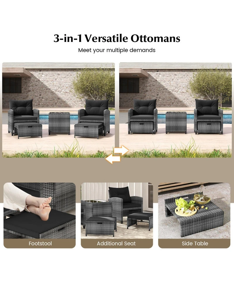Gouun 5-Piece Pe Rattan Patio Set with 2 Ottomans, Chairs and Tempered Glass Coffee Table