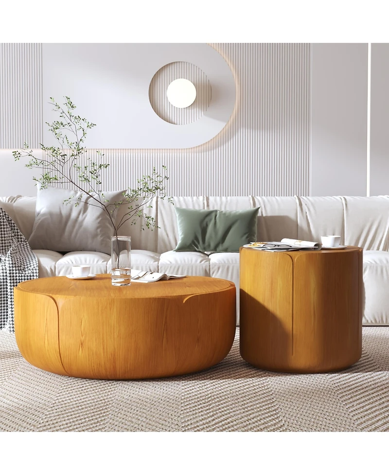 Clihome Round Outdoor Indoor Coffee Table Set, Modern Wood Grain Drum Center Table of 2