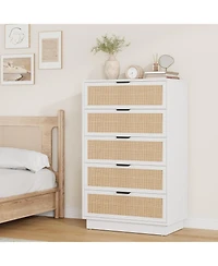 gaomon 5 Drawer Rattan Dresser for Bedroom, Integrated Cabinet Body Legs Design, Wooden Chest of Drawers Hallways, Entryways and Closet