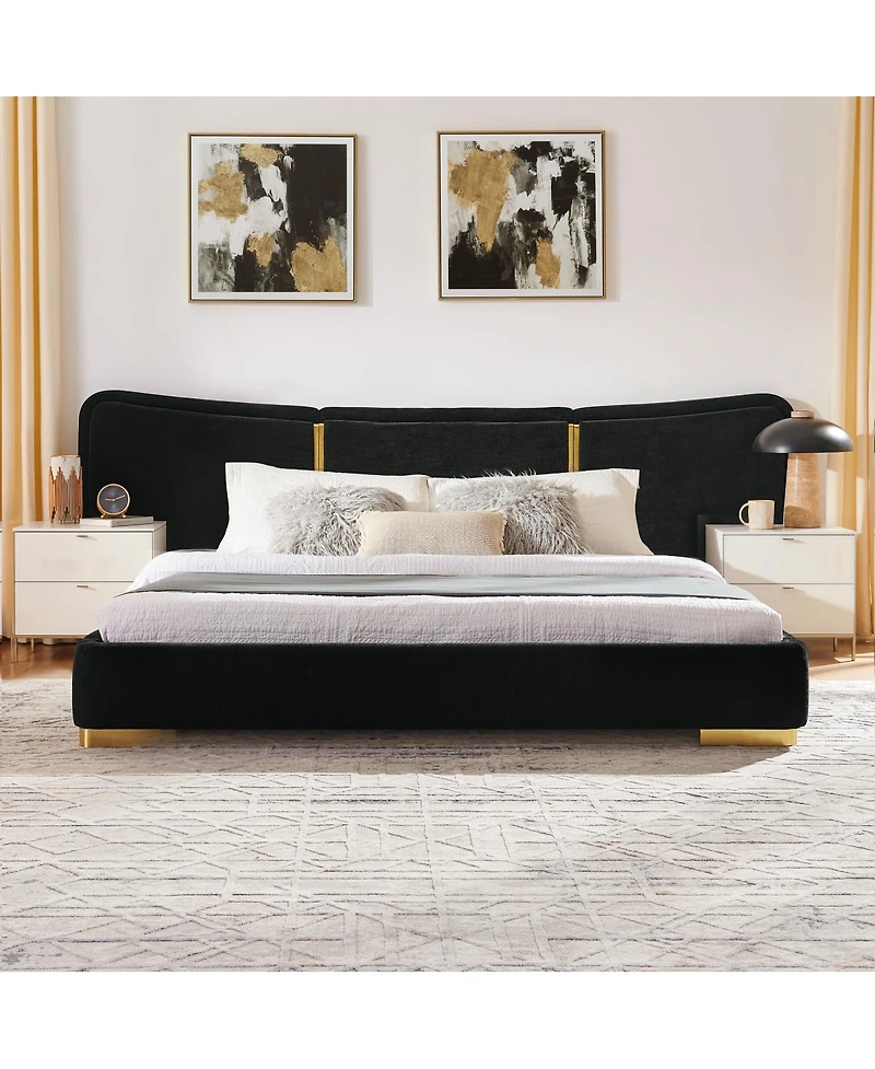 Streamdale Furniture Queen Size Extra Large Chenille Platform Bed with Curved Headboard