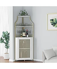 gaomon Corner Wine Cabinet with Detachable Wine Rack, 5-Tier Industrial Corner Bar Cabinet with Barn Door and Glass Holder