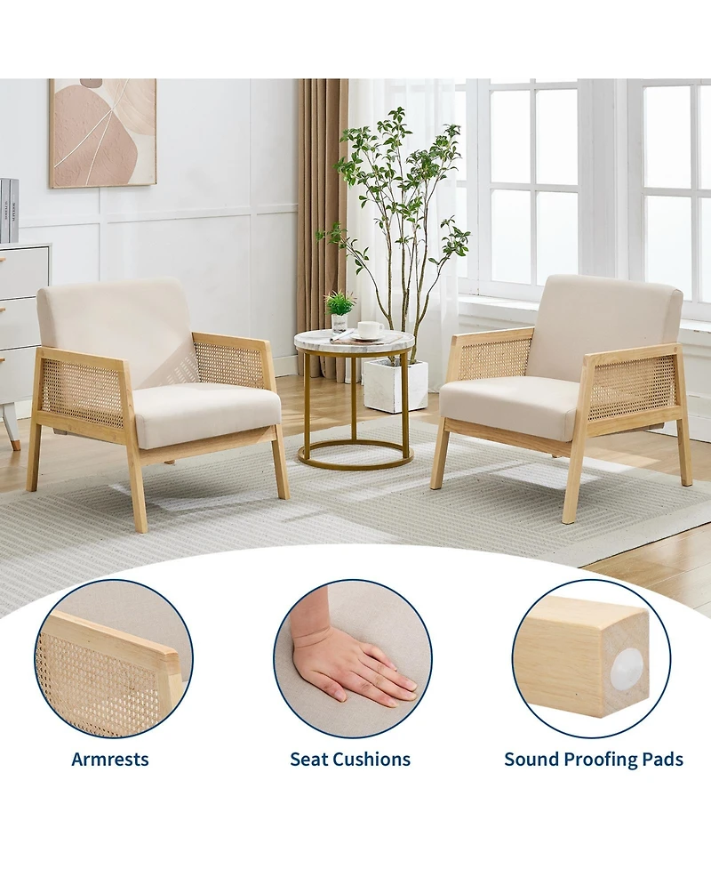 homfan 2 Piece Mid-Century Accent Chair with Rattan Armrests, Linen Upholstery, Thick Cushions, Wood Legs, Lounge Chair for Living Room