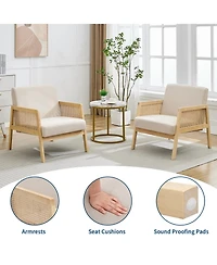 homfan 2 Piece Mid-Century Accent Chair with Rattan Armrests, Linen Upholstery, Thick Cushions, Wood Legs, Lounge Chair for Living Room