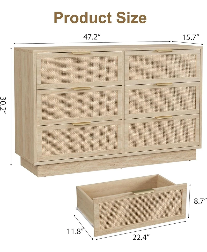 gaomon 6 Drawer Rattan Dresser for Bedroom, Natural Wood Chest of Drawers with Integrated Legs, Rattan Dresser for Hallway, Entryway and Closet