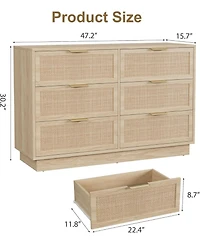 gaomon 6 Drawer Rattan Dresser for Bedroom, Natural Wood Chest of Drawers with Integrated Legs, Rattan Dresser for Hallway, Entryway and Closet