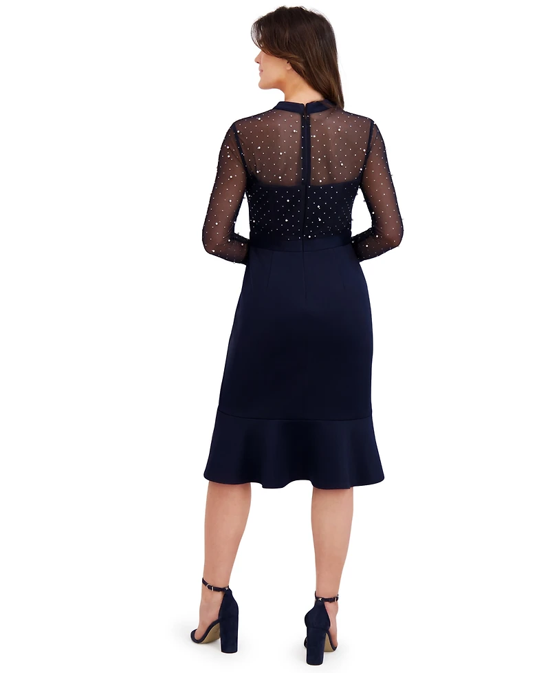 London Times Petite Beaded Illusion Mock-Neck Midi Dress