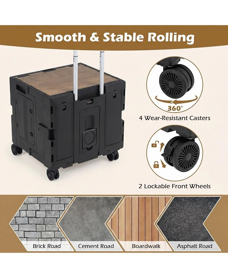 Mecale Foldable Utility Cart on 4 Rotating Wheels with Cup Holder, 75-l Capacity