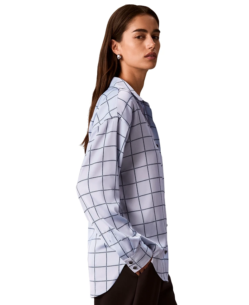 Calvin Klein Petite Printed Long-Sleeve Button-Down Satin Shirt
