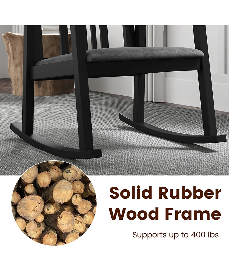 Sugift Solid Rubber Wood Rocking Chair with Cushioned Linen Seat