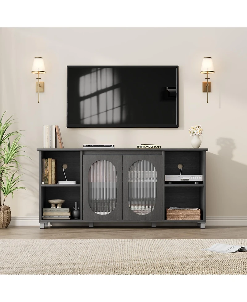 homfan Retro Tv Stand for Up to 70" TVs, Media Console with 2 Tempered Glass Cabinets, 4 Adjustable Shelves and Cord Management