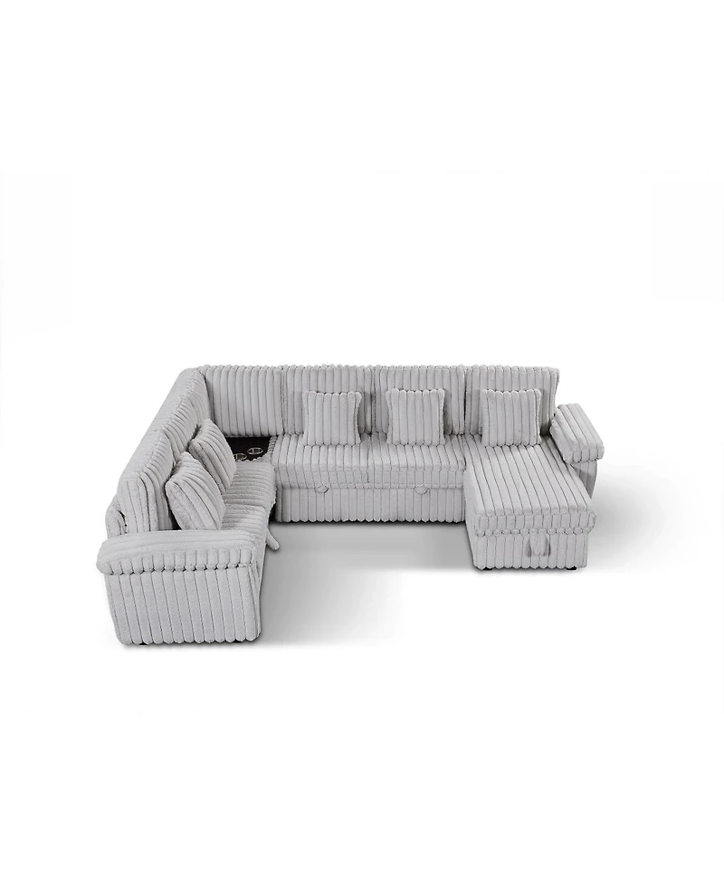 Streamdale Furniture 103'' U-Shaped Corduroy Sectional Sofa with Storage Pull-Out Bed and Usb Port