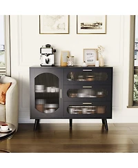 homfan Buffet Cabinet with Fluted Glass Door, 3 Drawers and Adjustable Shelves, Sideboard Storage for Kitchen, Dining Room and Living Room