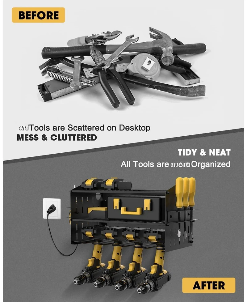 Xdovet Power Tool Charging Station Wall Mount Organizer Drill Rack Holder 6AC Outlets Metal Panels