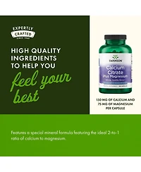 Swanson Calcium Citrate Plus Magnesium Mineral Supplement for Bone Strength, Energy, Muscle Relaxation and Cardiovascular Support 150 Capsules